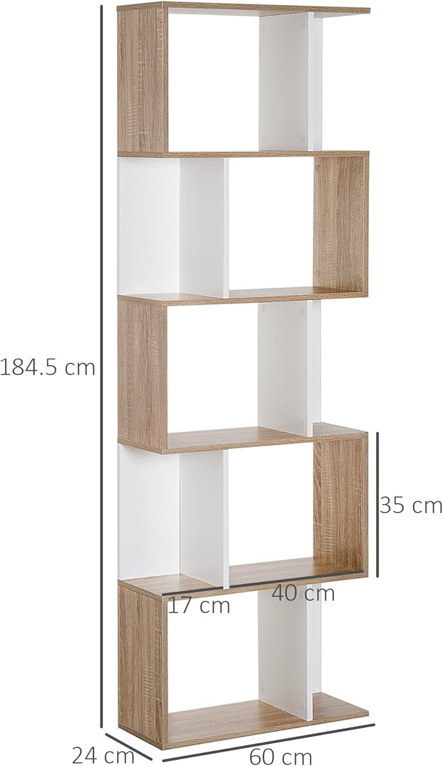 Modern S-Shape 6-Tier Freestanding Bookcase Oak & White – Stylish Display Shelf