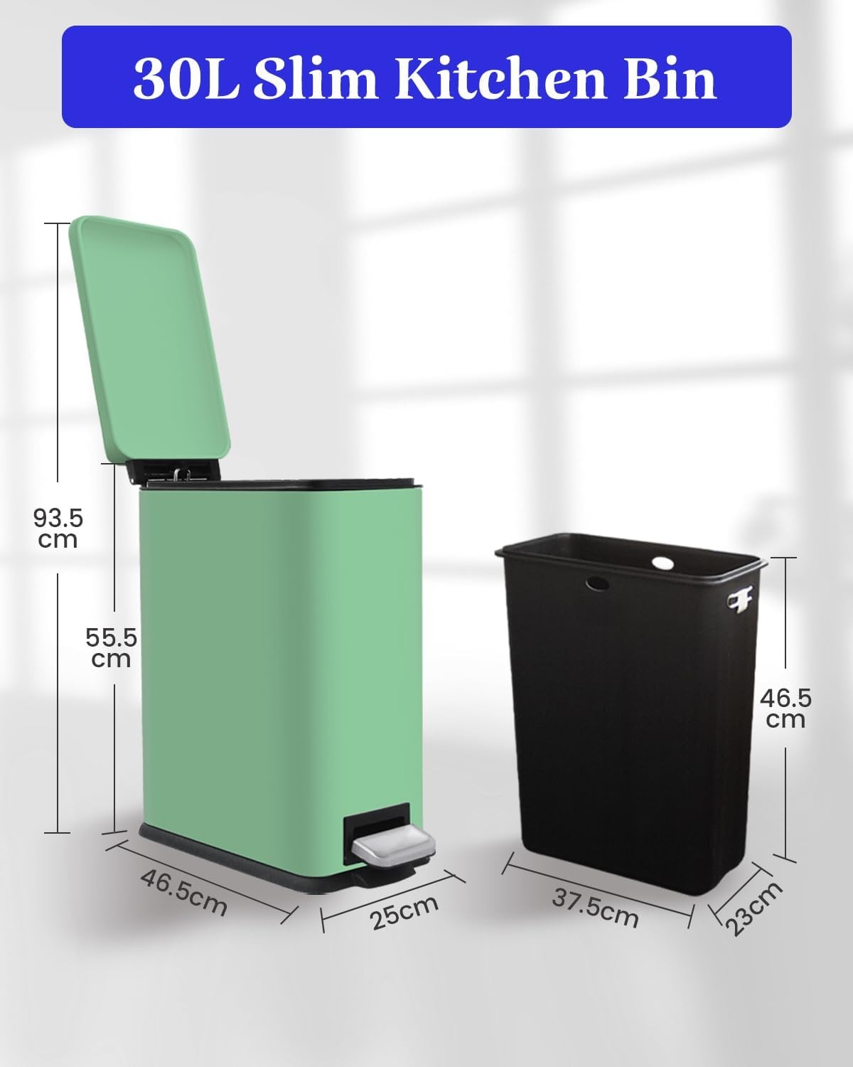 30L Green Stainless Steel Pedal Bin Slim Kitchen Soft Close Lid