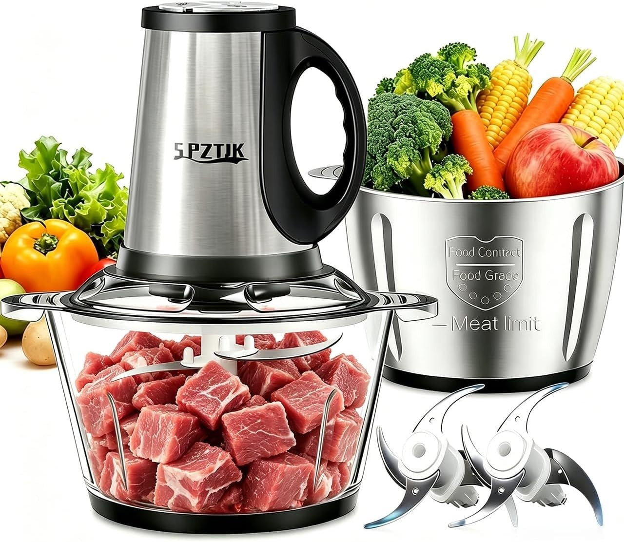 8 Cup Food Processor 300W Meat Grinder Dual Bowl 3 Speed Chopper