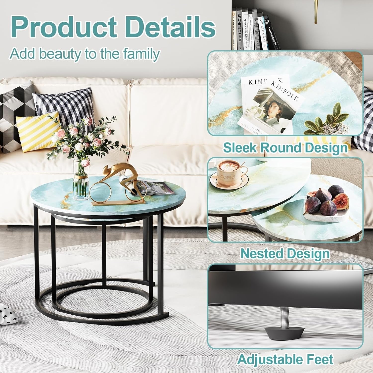 2-Piece Nesting Coffee Table Set, Blue Round Metal & MDF Living Room End Side Ta