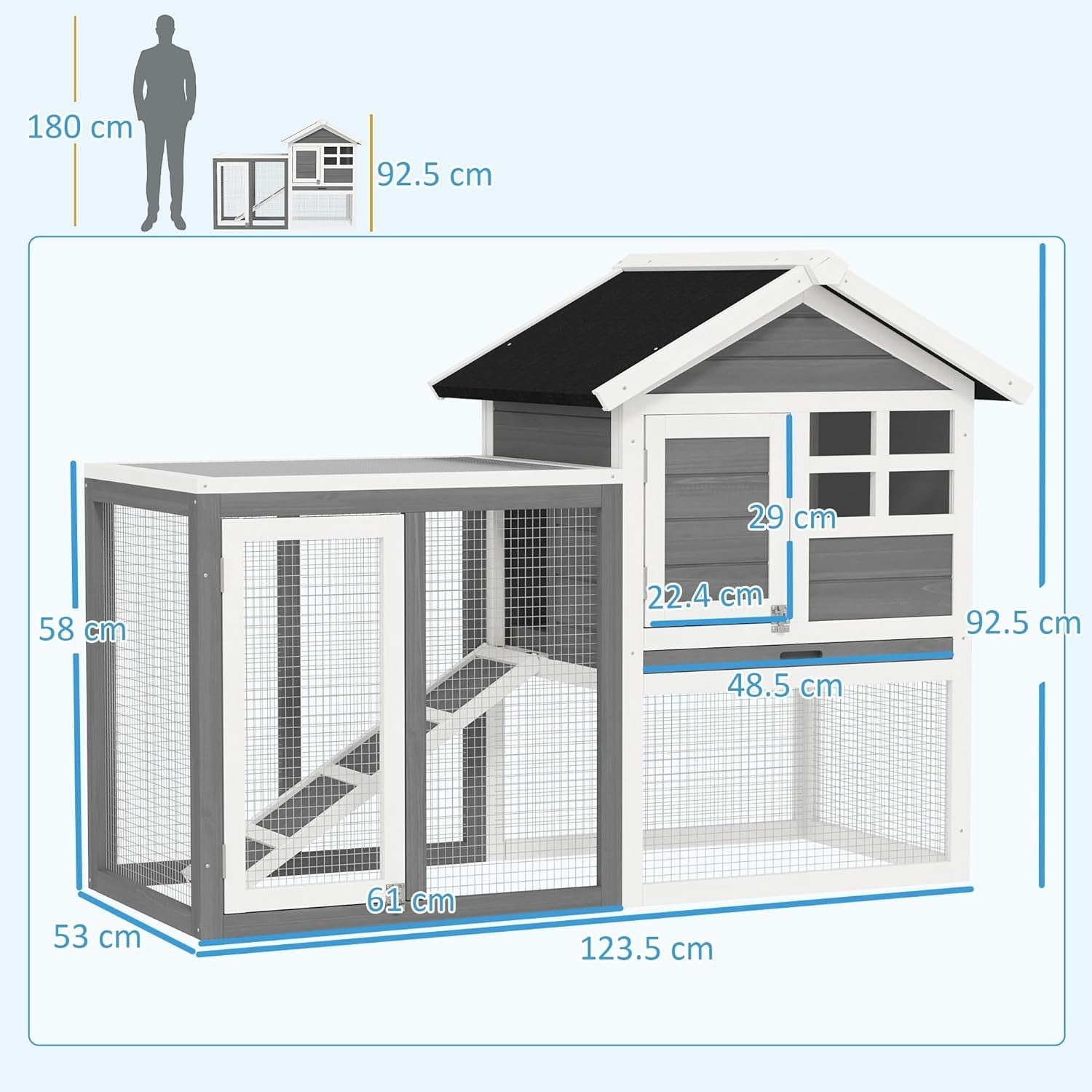 Outdoor Wooden Rabbit Hutch 2 Tier Run 124x63x93cm