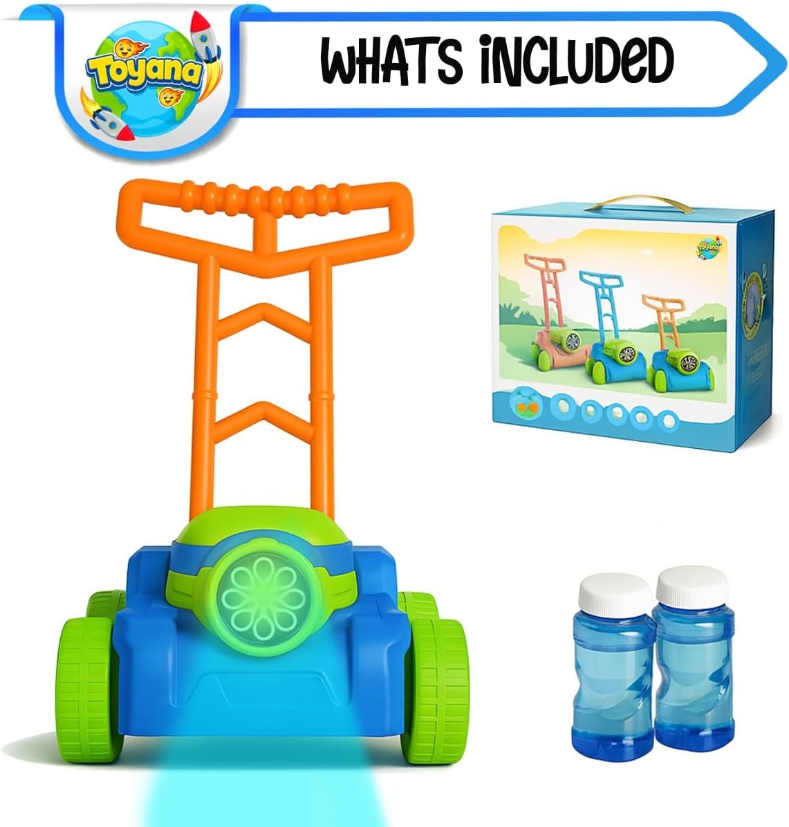 Kids Bubble Lawn Mower Toy with Lights & 2 Bubble Solutions