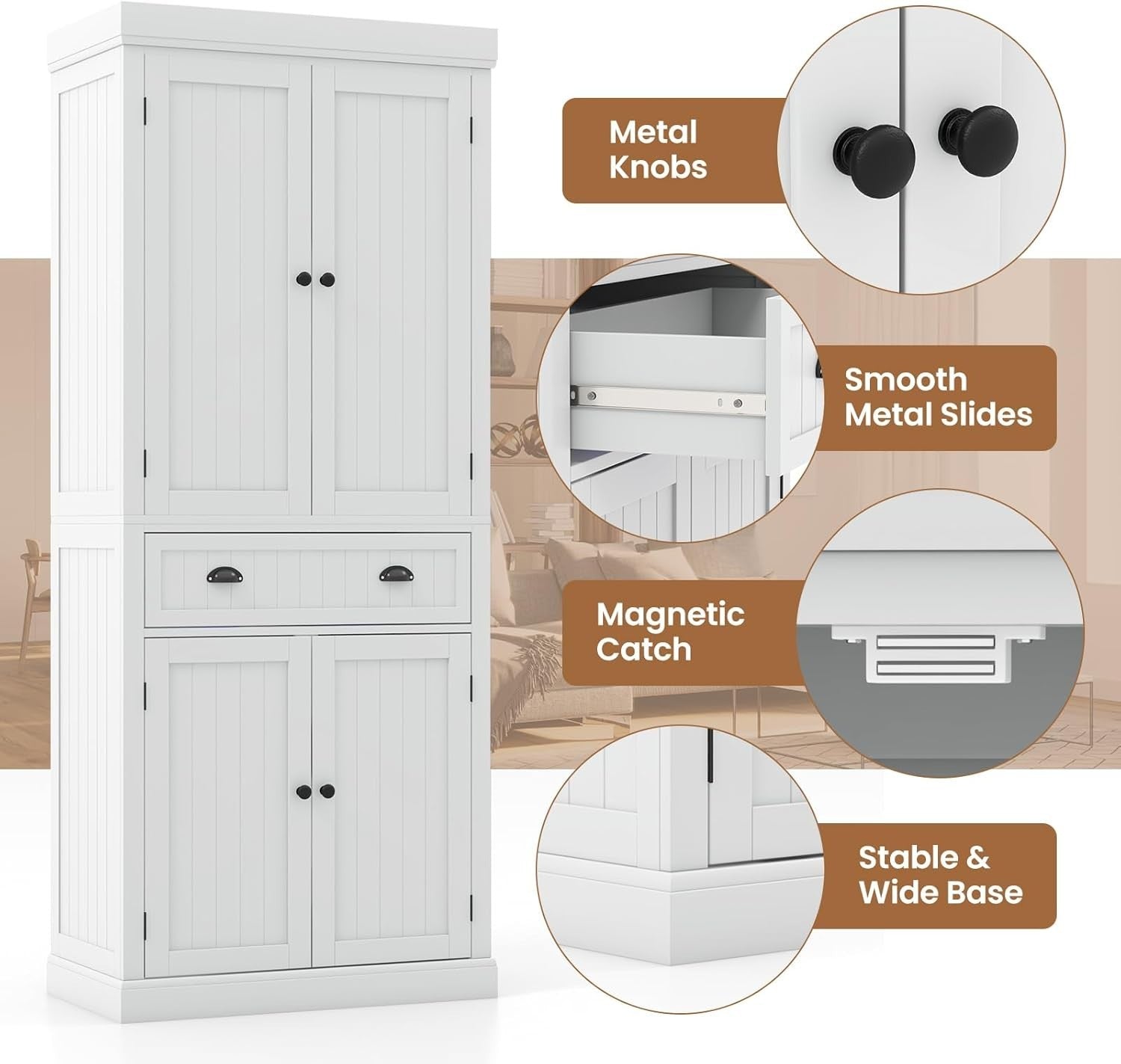 White Tall Kitchen Cupboard 183cm Pantry Storage Cabinet Drawer Shelves