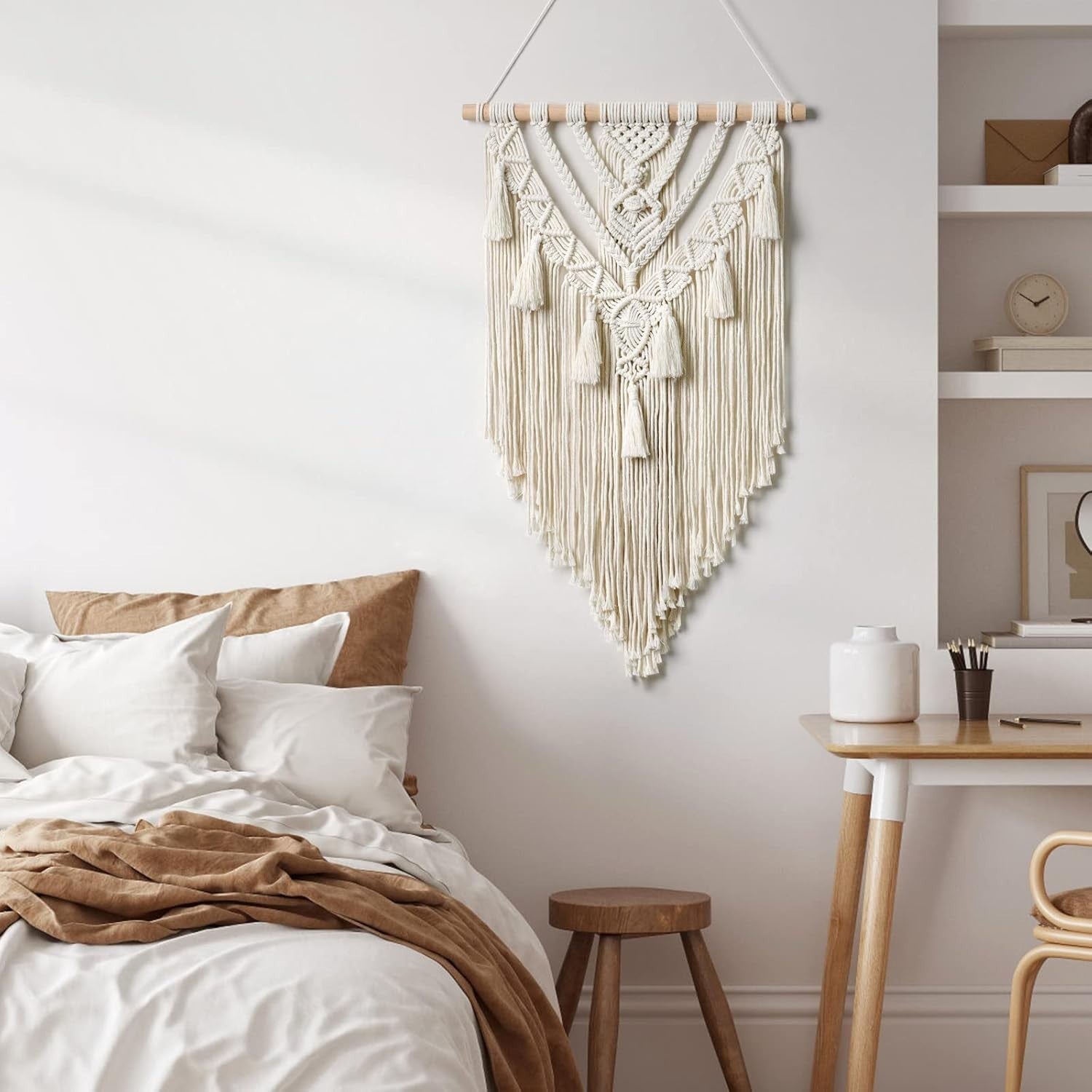 Boho Macrame Wall Hanging Beige Grey Geometric Woven Tapestry