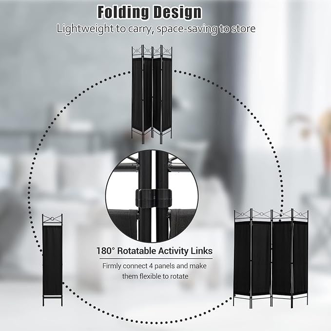 Black 4 Panel Folding Room Divider – Freestanding Privacy Screen with Removable