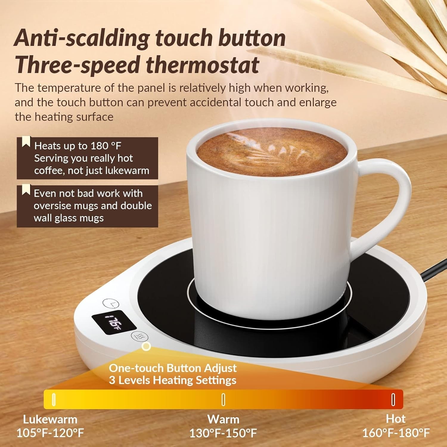 Black Smart Coffee Mug Warmer 3 Temp Desk Heater with Timer