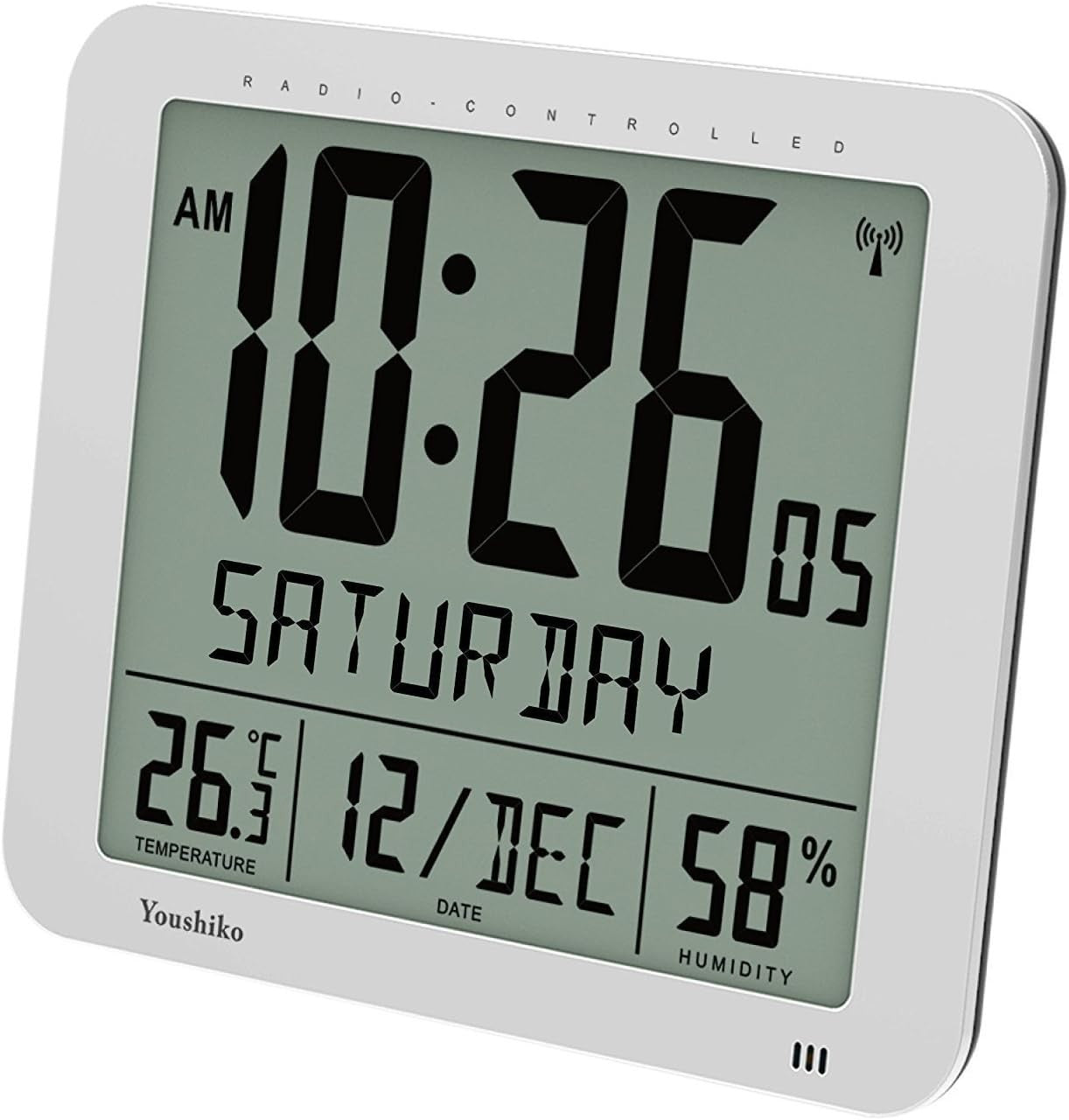 Jumbo Radio Controlled Wall Clock Large LCD Display Temp Humidity Silver