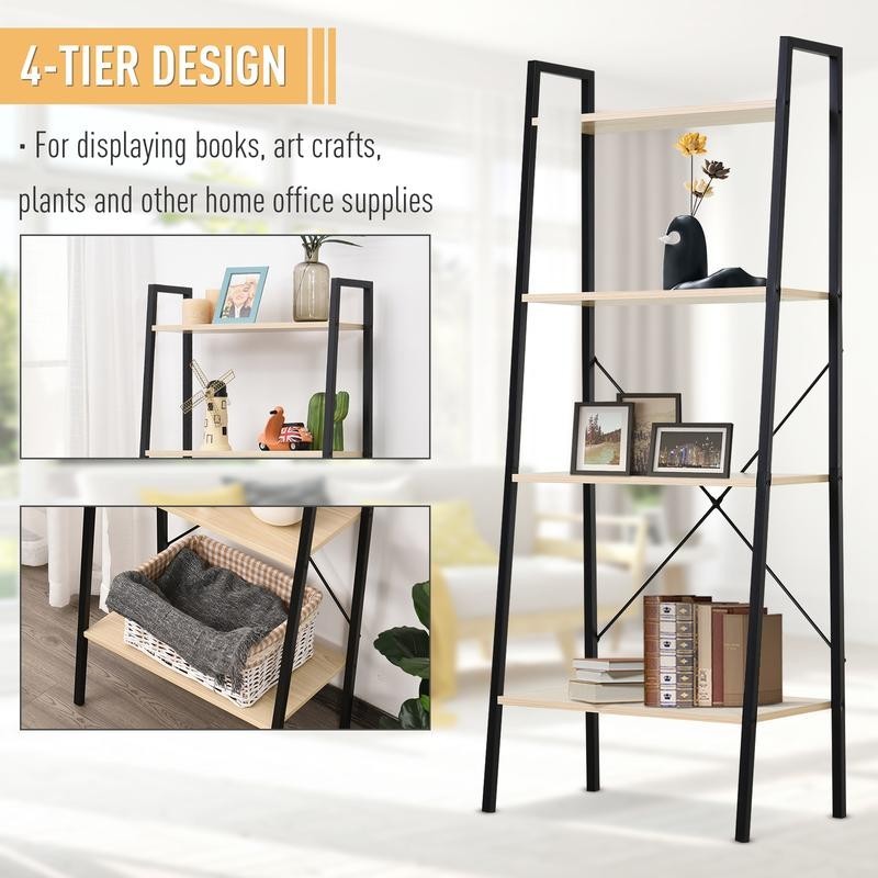 4-Tier Industrial Ladder Shelf – Natural Wood Display Bookcase Unit
