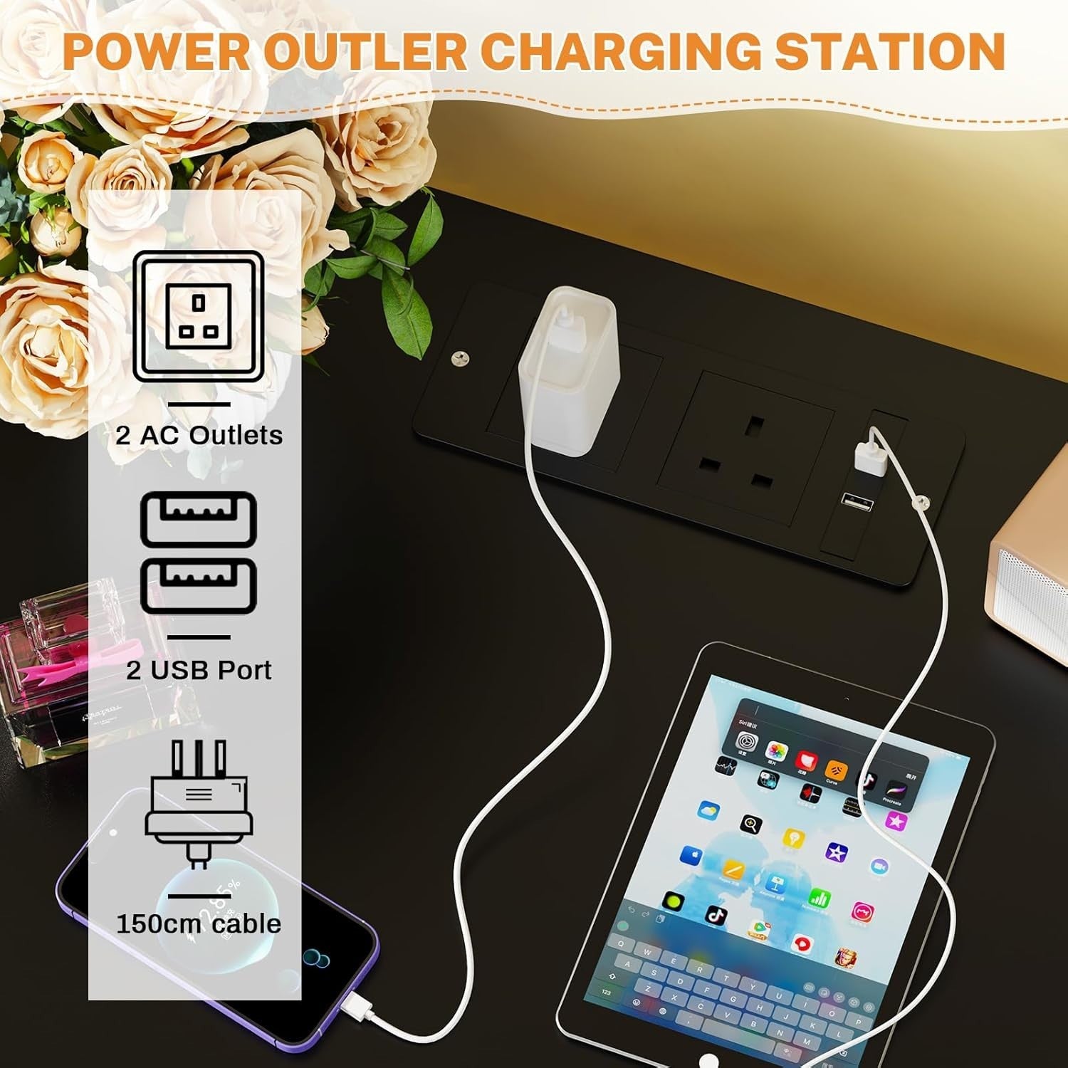 Modern Black LED Bedside Table with USB Charging Ports, Power Socket & 2 Drawers
