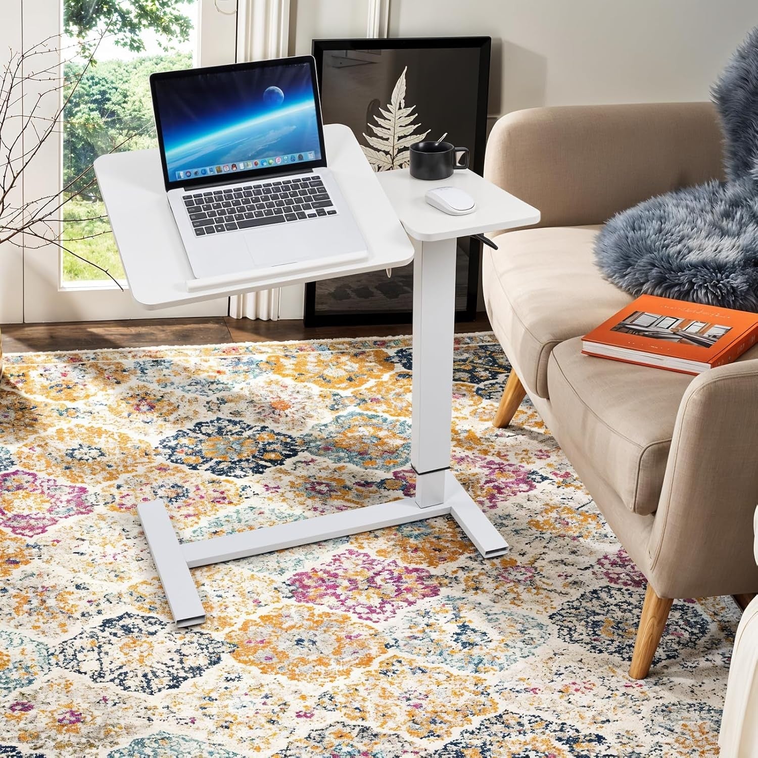 Overbed Standing Desk Adjustable Rolling Laptop Table Tilting Top White 80x40cm