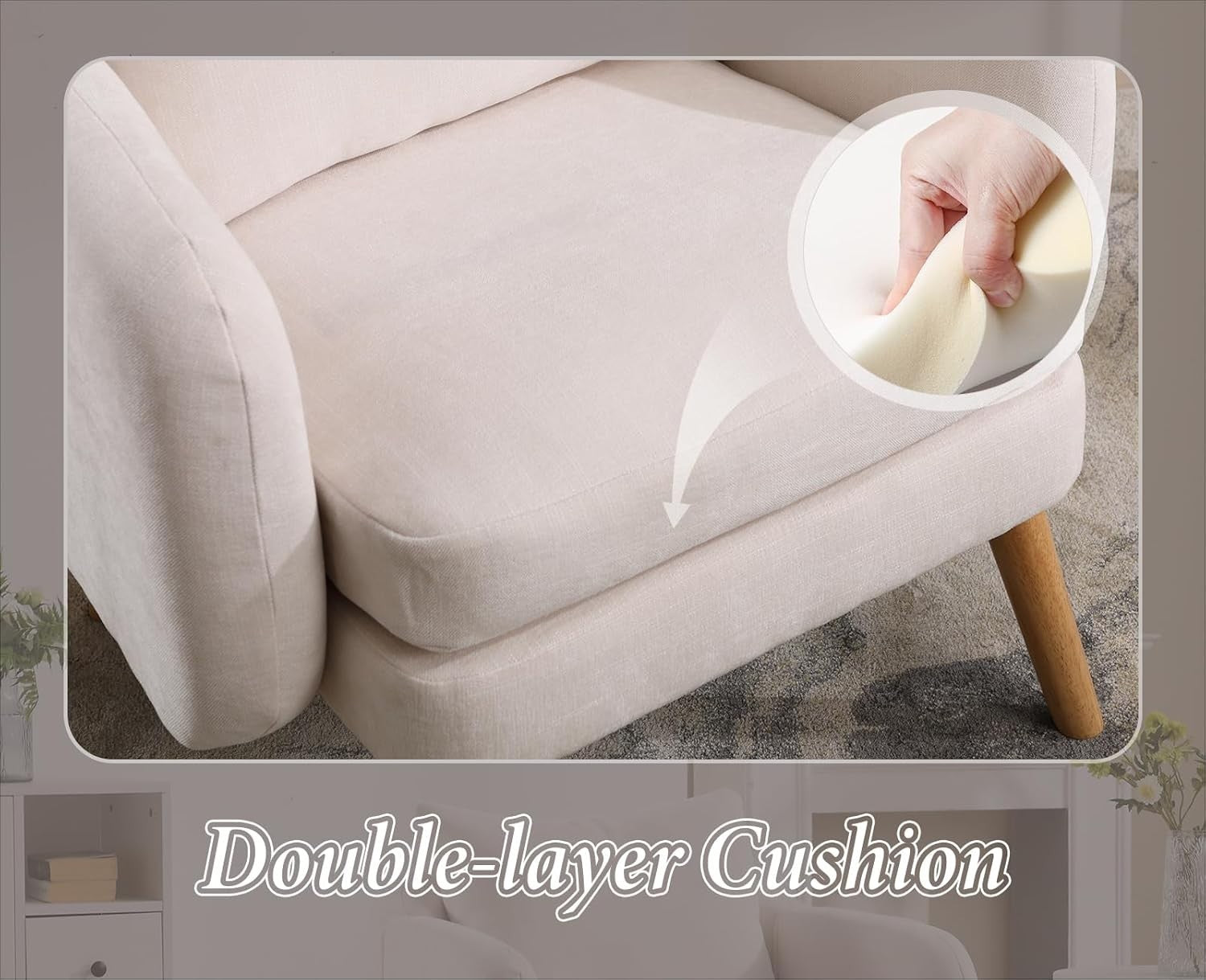 Beige Accent Armchair Chenille Lounge Chair with Wood Legs for Living Room