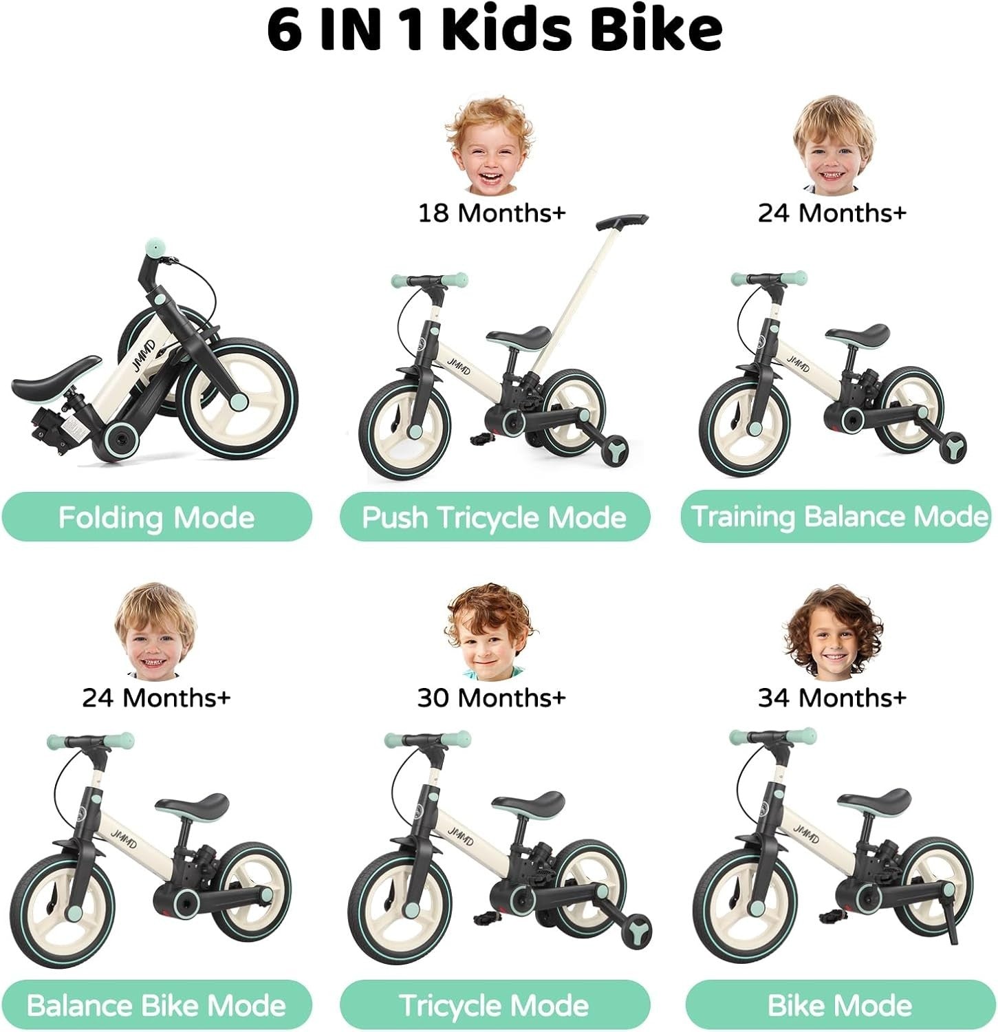 6 in 1 Toddler Bike Balance Pedal Bike Foldable Training Wheels Mint