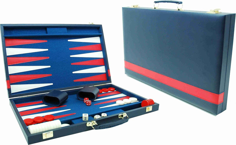 38cm Backgammon Set Blue Red Trim Folding Case Travel Board Game