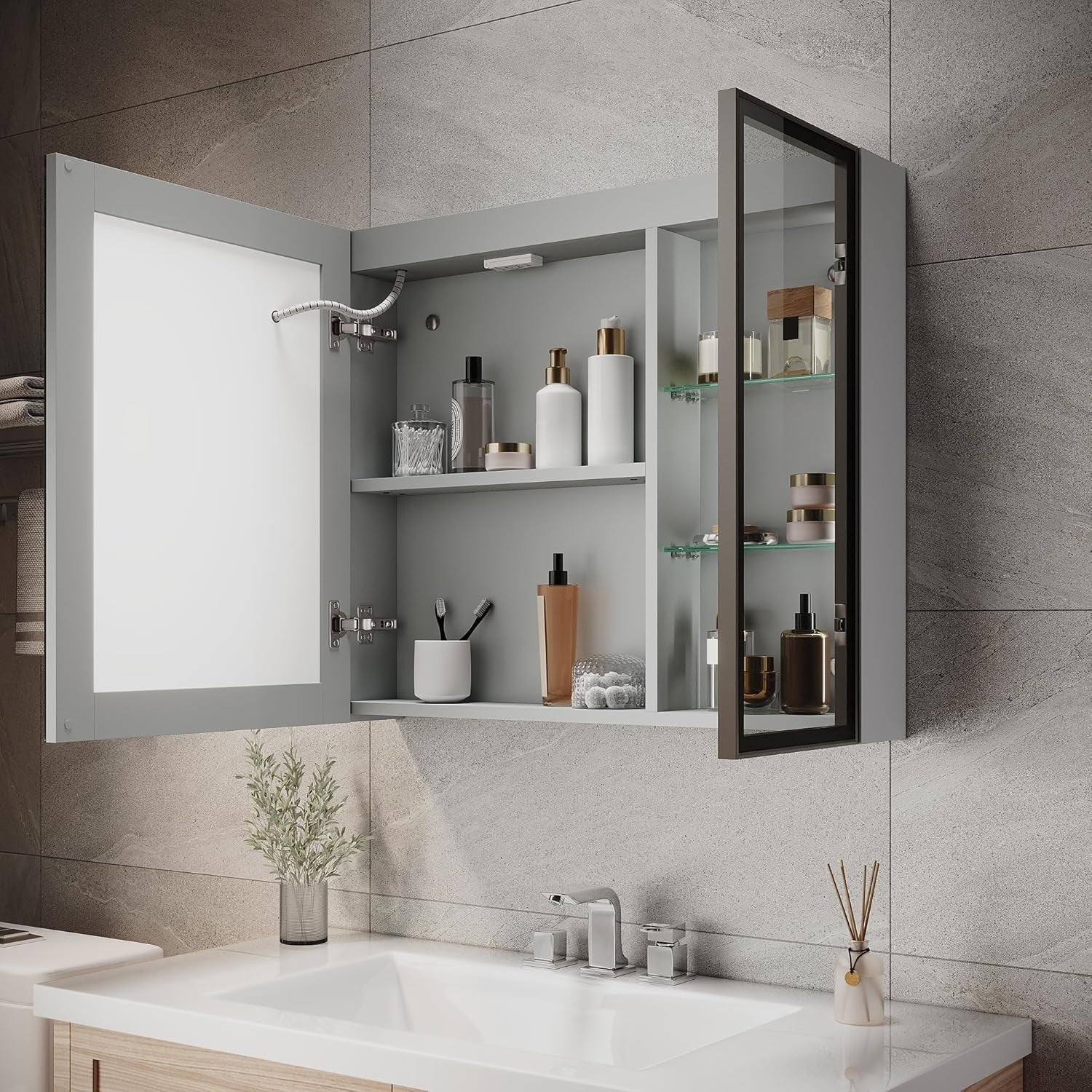LED Bathroom Mirror Cabinet Wall Mounted with Open Storage & Anti-Fog