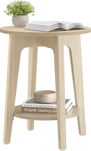 Small Round Side Table with Lower Shelf, Natural Wood Look, Space-Saving End