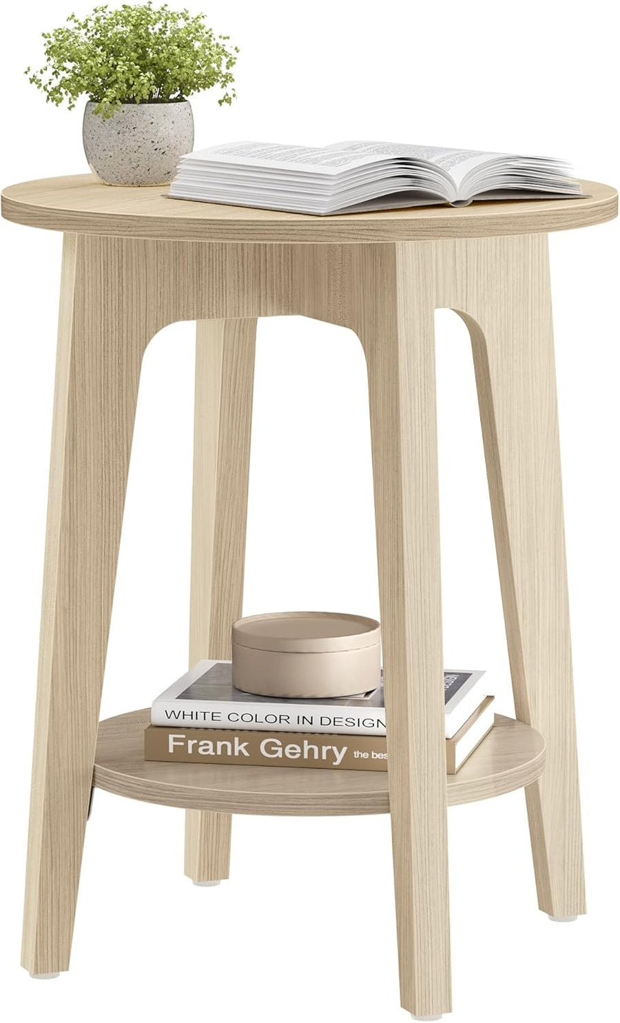 Small Round Side Table with Lower Shelf, Natural Wood Look, Space-Saving End