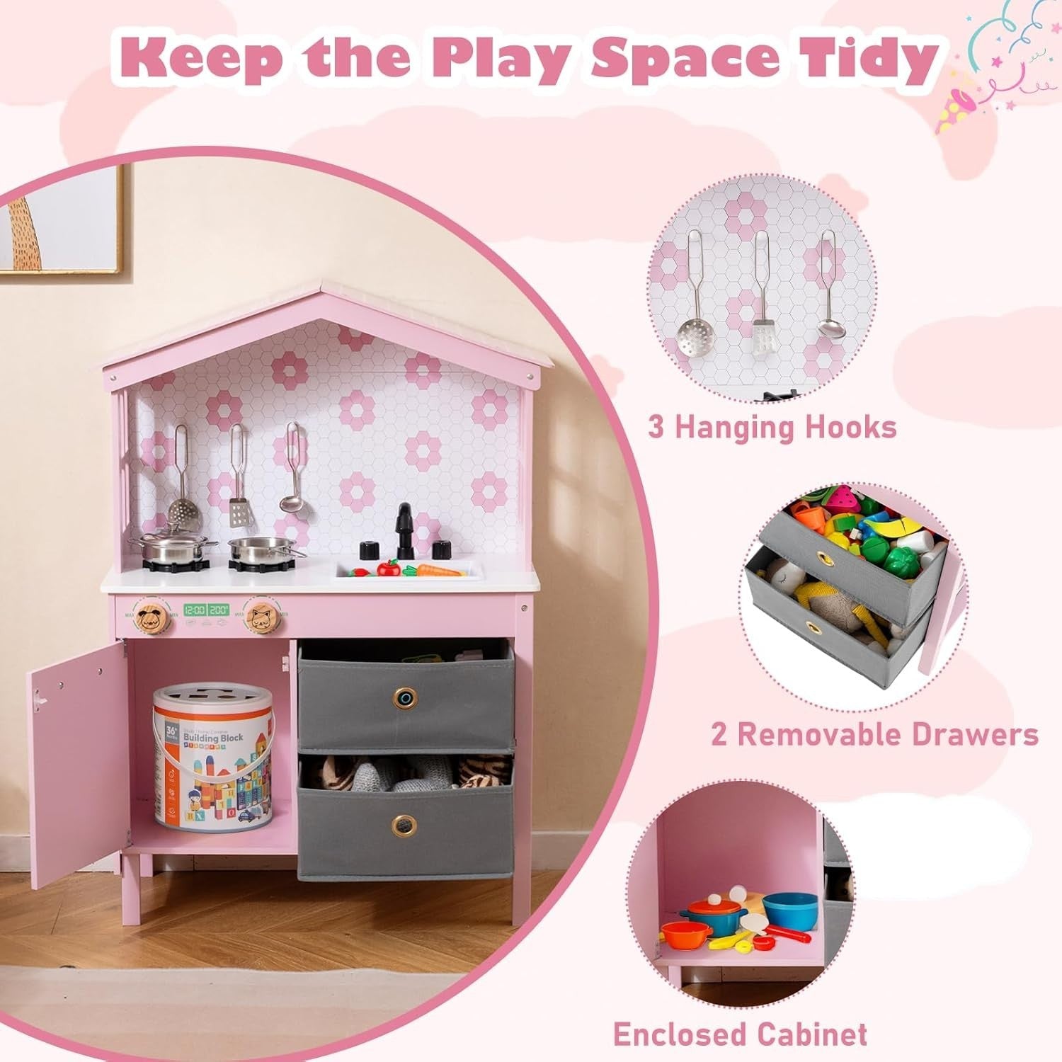 Wooden Kids Play Kitchen Pink w/ Dishwasher Sink Pots Role Play