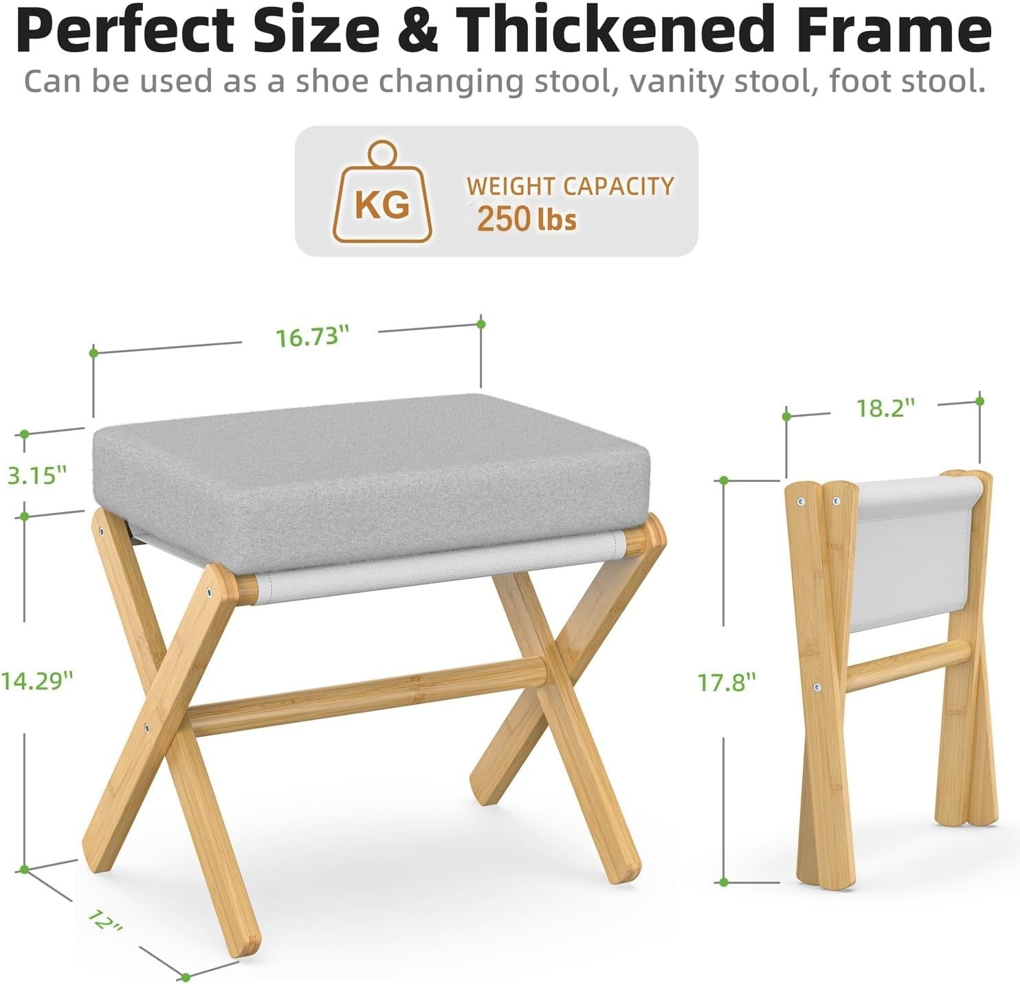 Natural Bamboo Foldable Footstool with Grey Cushion & X-Leg Footrest Design