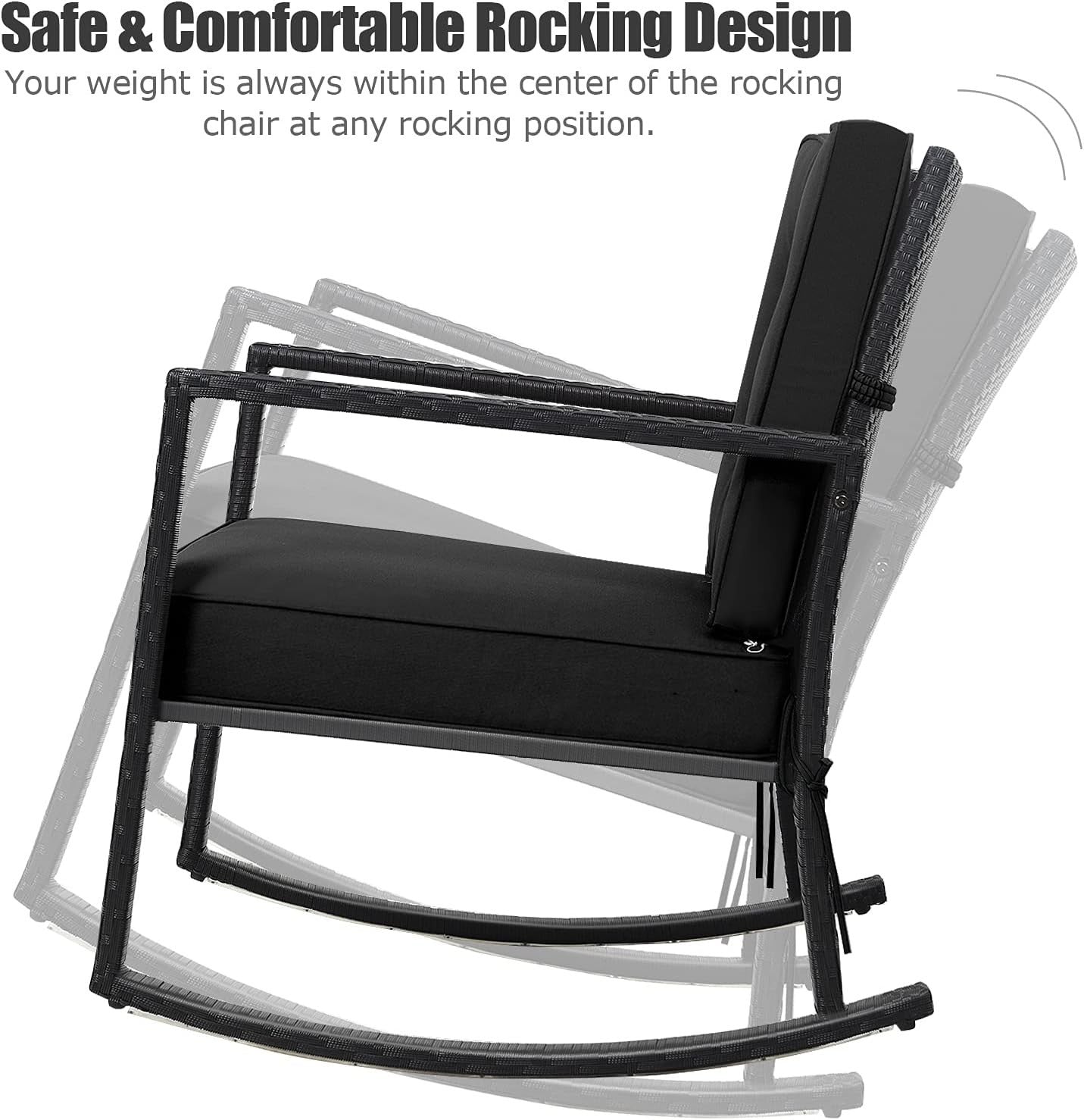 Outdoor Rattan Rocking Chair Black with Cushions, Armrests & Iron Frame