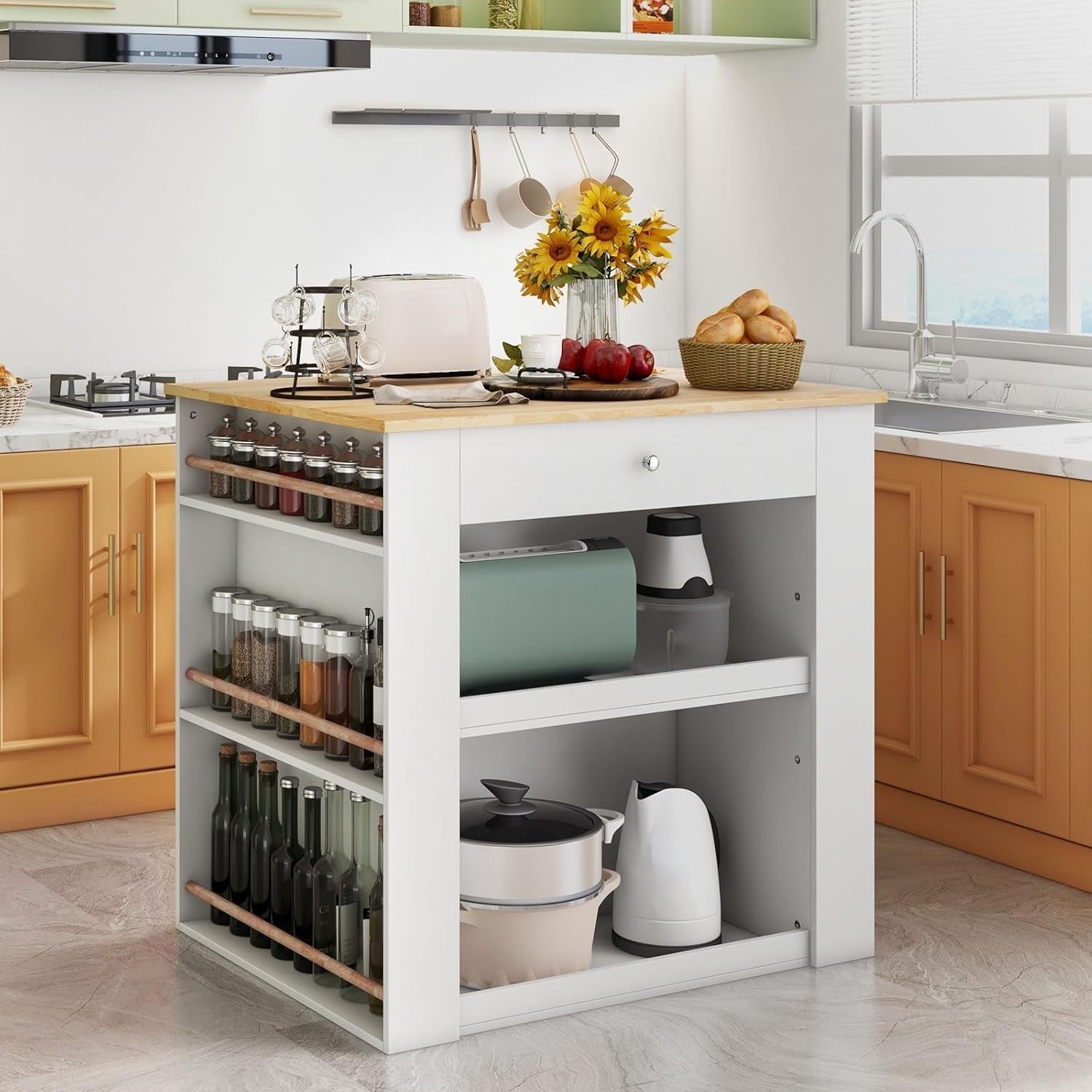 Rolling Kitchen Island Cabinet with Rubber Wood Top, Drawer & 6 Spice Racks