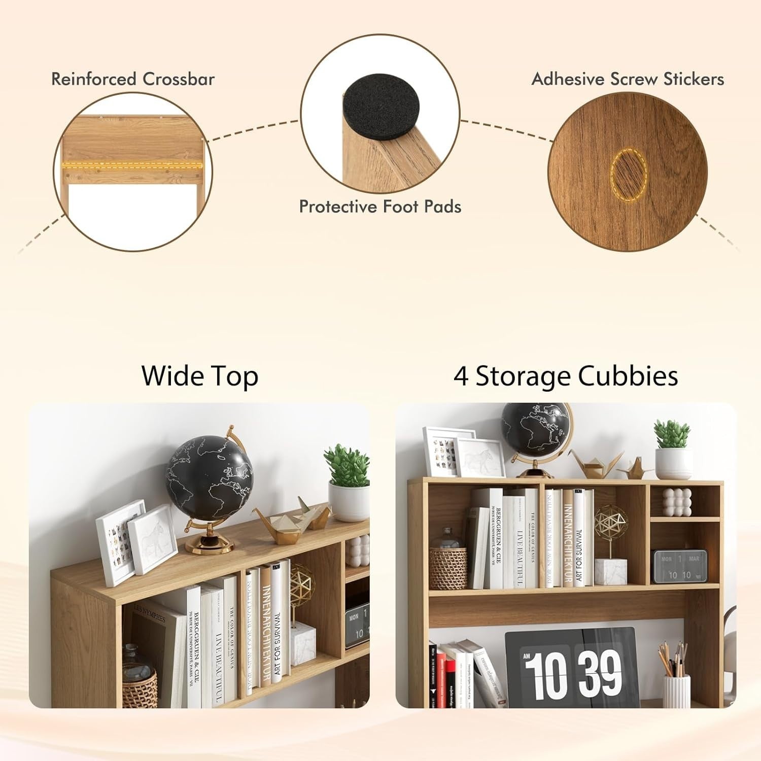 94cm Natural Desk Hutch – 4-Compartment Wooden Desktop Bookshelf Organizer