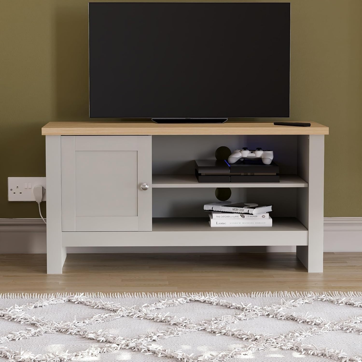 Modern Grey TV Cabinet Stand 1 Door Storage Unit Oak Veneer Entertainment