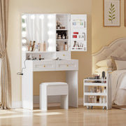 Vanity Table Desk Set w/ LED Mirror USB Ports Stool Drawers Mobile Cart White