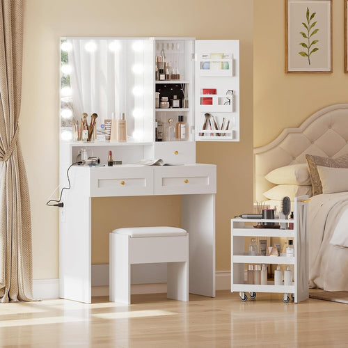 Vanity Table Desk Set w/ LED Mirror USB Ports Stool Drawers Mobile Cart White