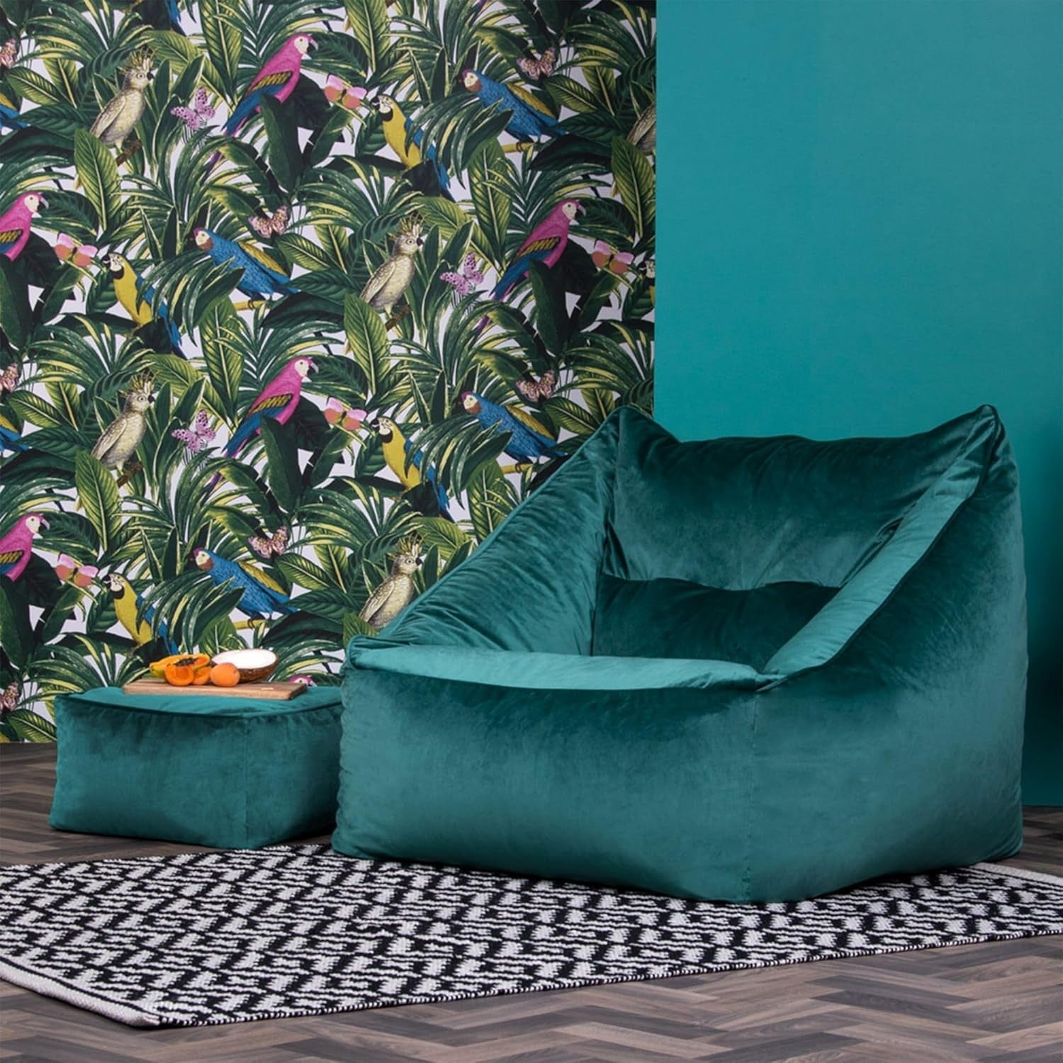 Teal Green Velvet Bean Bag Chair Set Adult Armchair with Footrest Lounge