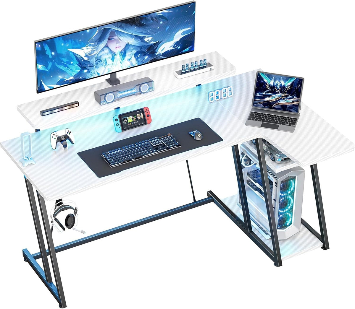 White 140cm L Shaped Gaming Desk w/LED Lights, Monitor Stand & Shelves