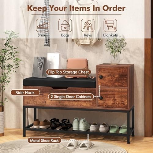 Rustic Brown Black Shoe Storage Bench with Cushion, Flip Chest & Cabinets