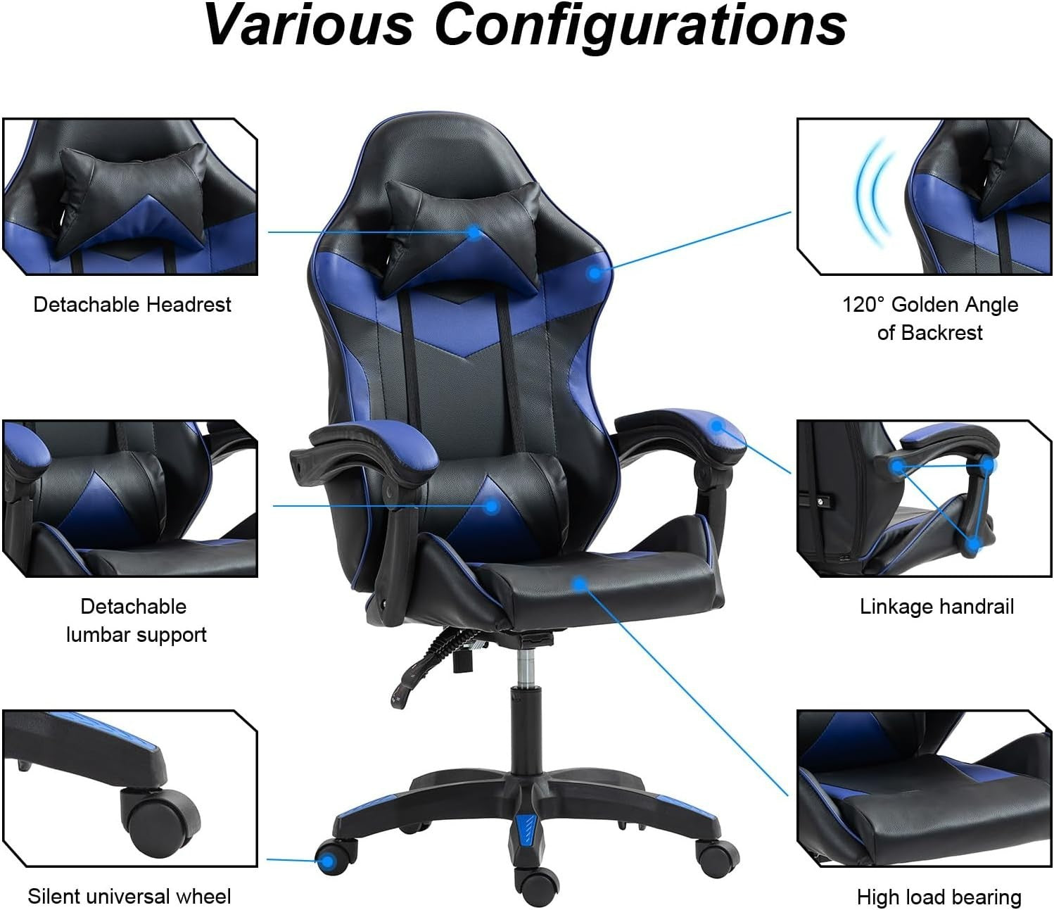 Blue Gaming Chair Reclining Swivel Office Desk Computer Faux Leather Medium