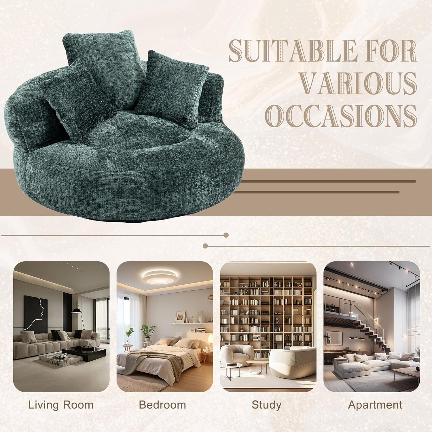 Emerald Oversized Bean Bag Chair Sofa w/ Pillows, Gaming, Lounge, Indoor/Outdoor