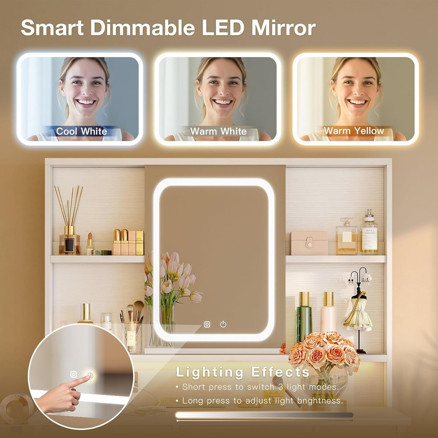 White LED Dressing Table Vanity Desk 5 Drawers RGB Power Outlet Makeup Storage