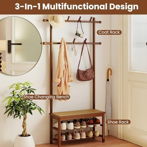 3-in-1 Bamboo Coat Rack with Bench & Shelves Rattan Hallway Entryway Storage