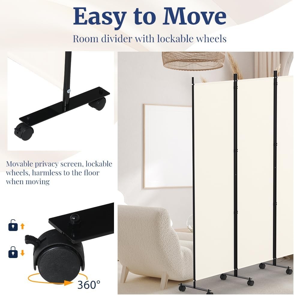 4 Panel Beige Folding Room Divider with Lockable Wheels 88x70 Inch