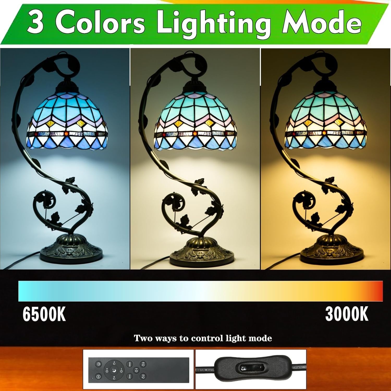 Stained Glass Table Lamp LED Remote Dimming 3 Color Modes for Bedroom