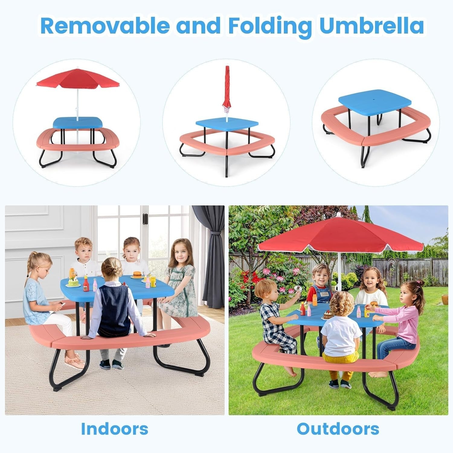 Kids Picnic Table Set with 8 Seats, Adjustable Umbrella, Outdoor Garden Play Tab