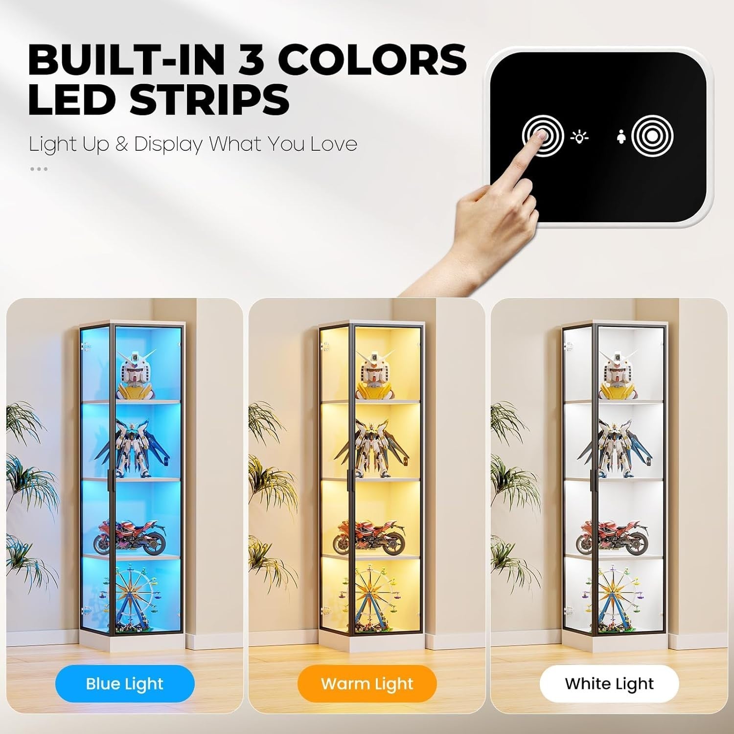 Corner Display Cabinet with LED Lights & Magnetic Lock, Human Sensor, 62.9" Tall