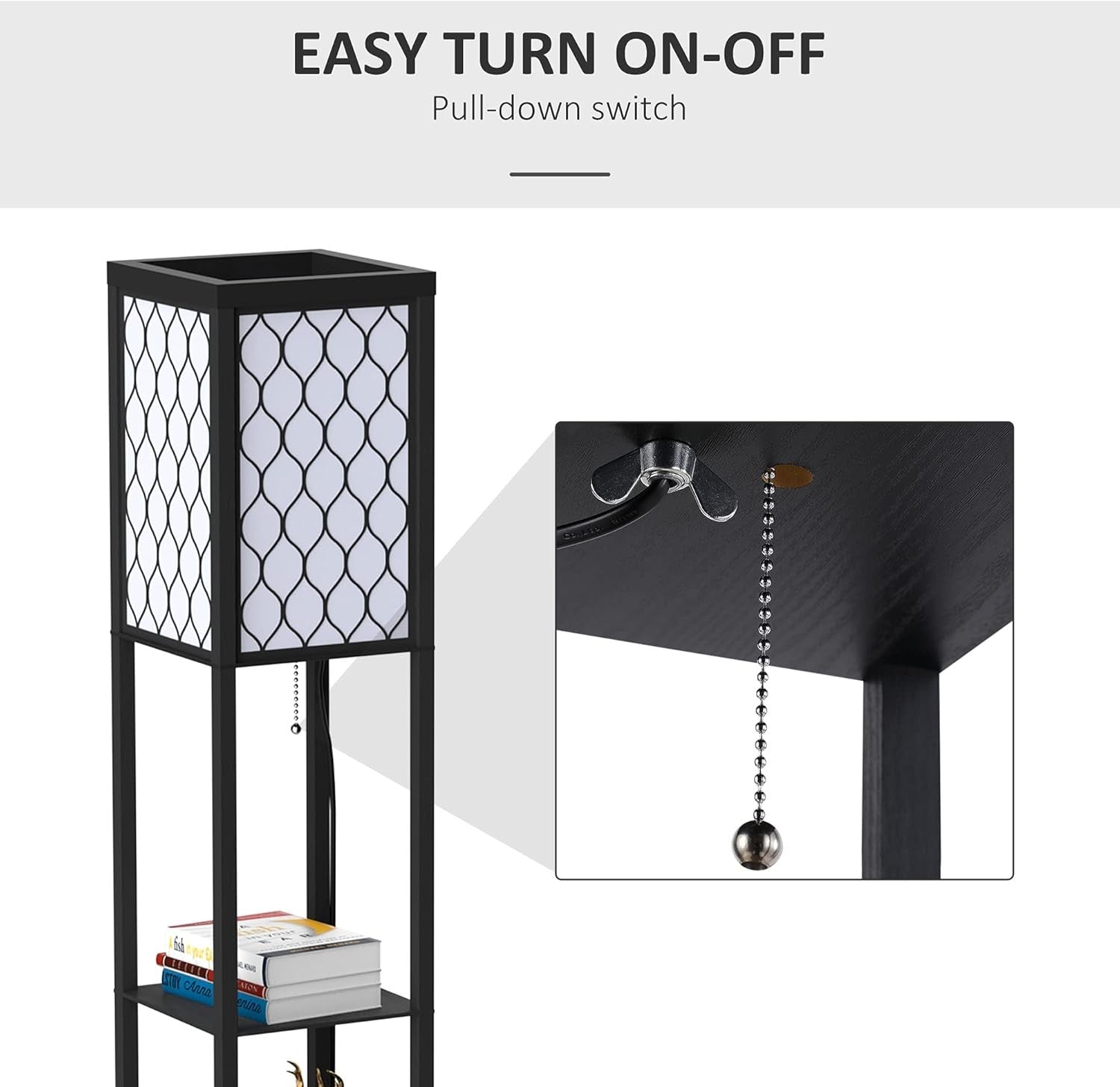 Floor Lamp with Shelves Tall Standing Light Fabric Shade Storage