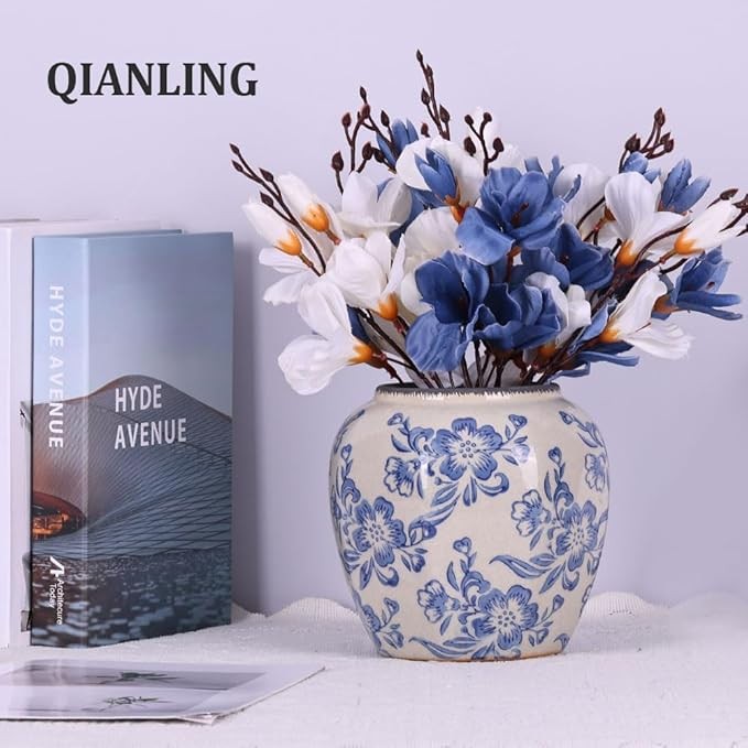Blue White Floral Ceramic Vase Vintage Chinoiserie Table Centrepiece 23cm