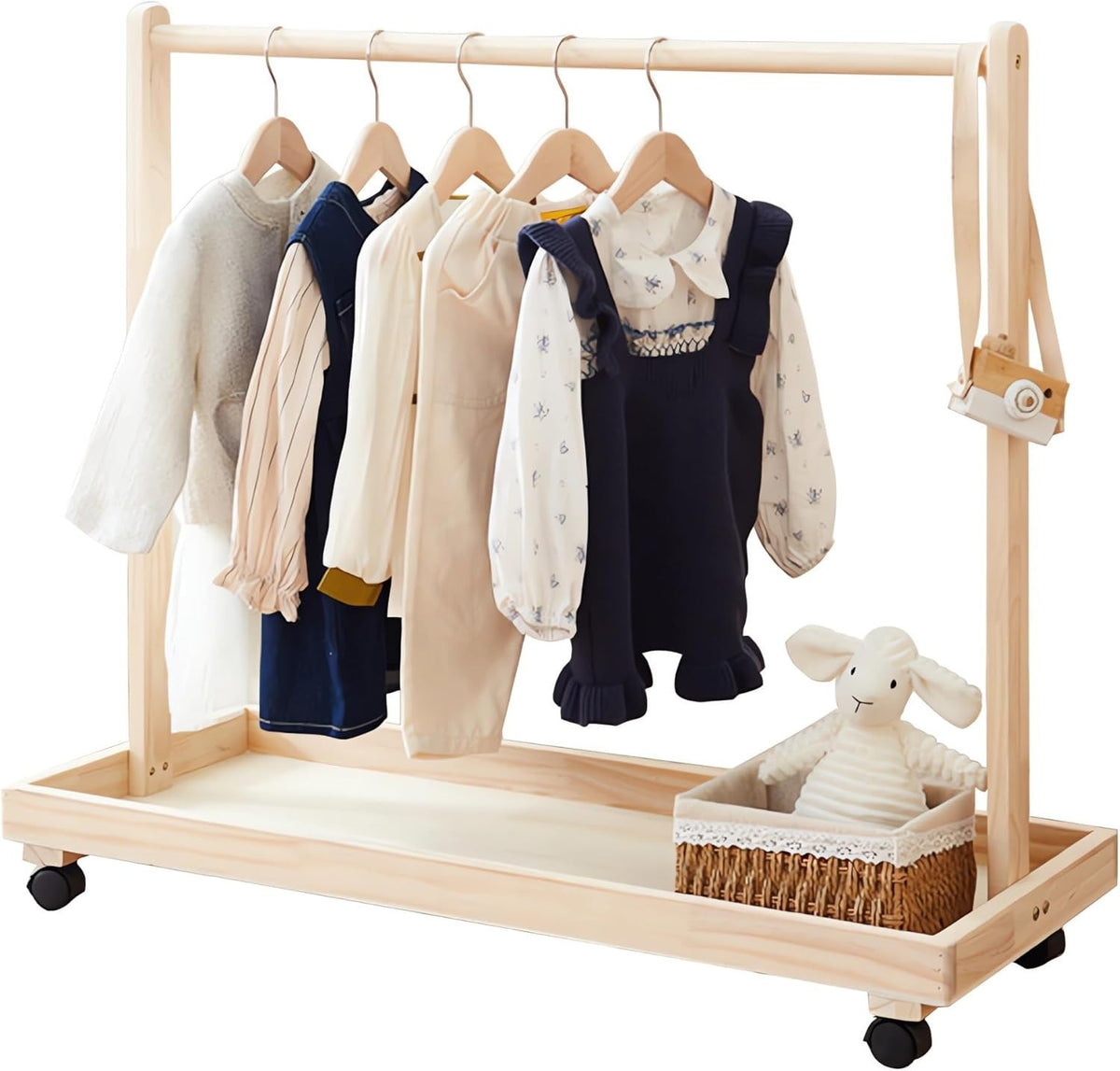 Kids Clothes Rack with Wheels, Wooden Toddler Stand Natural