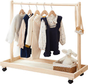 Kids Clothes Rack with Wheels, Wooden Toddler Stand Natural