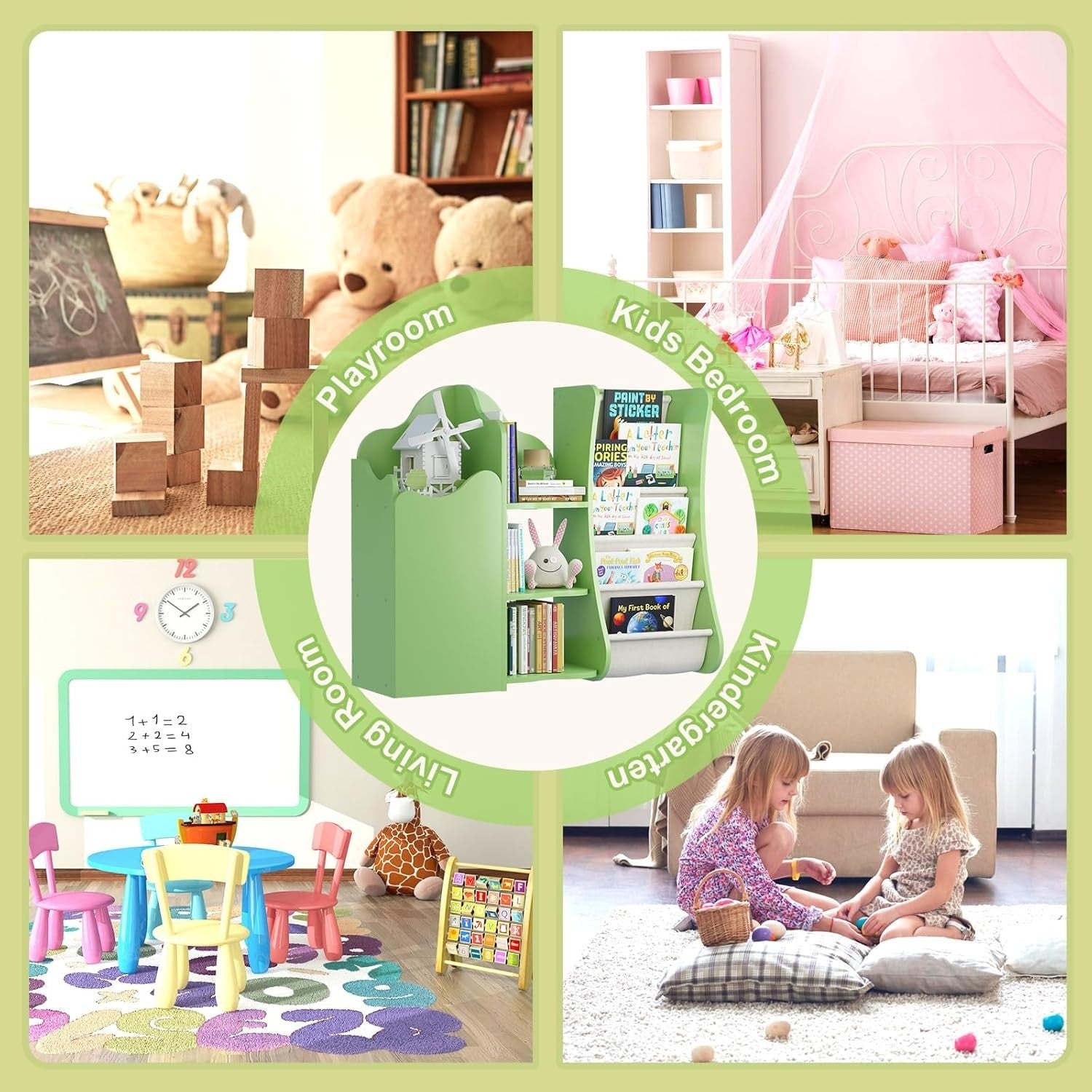 Kids Wooden Bookshelf & Toy Storage Organizer with 5 Sling Pockets & Doors