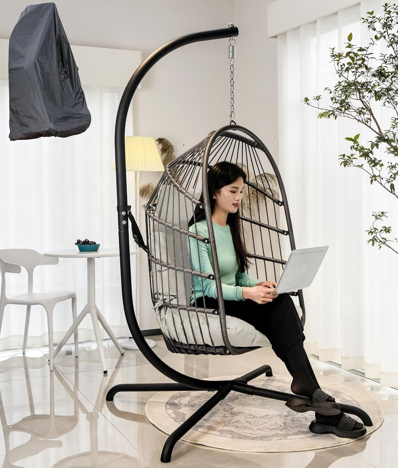 Hanging Swing Egg Chair with Stand & Soft Cushion for Indoor Outdoor Grey