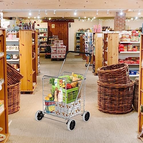 83L Folding Shopping Cart Metal Grocery Trolley Wheels Non-Slip Handle Silver
