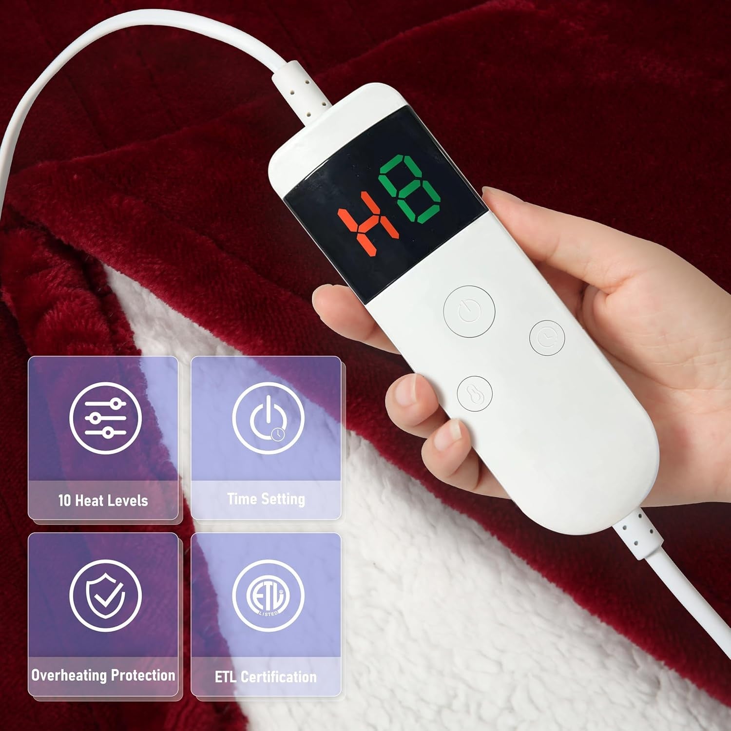 Electric Heated Throw Blanket 180x200cm Sherpa Fleece 10 Heat Auto Off