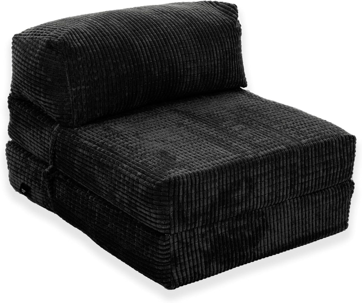 Fold Out Futon Chair Bed Single Sofa Black Corduroy Foam Inners Portable