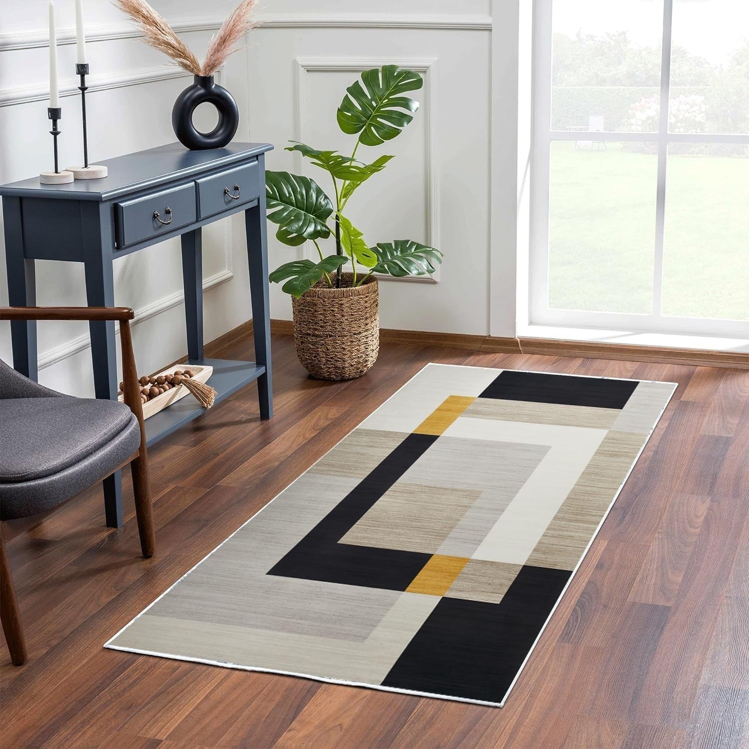 Modern Geometric Rug Soft Indoor Carpet Grey Black Yellow 120x170cm Easy Clean