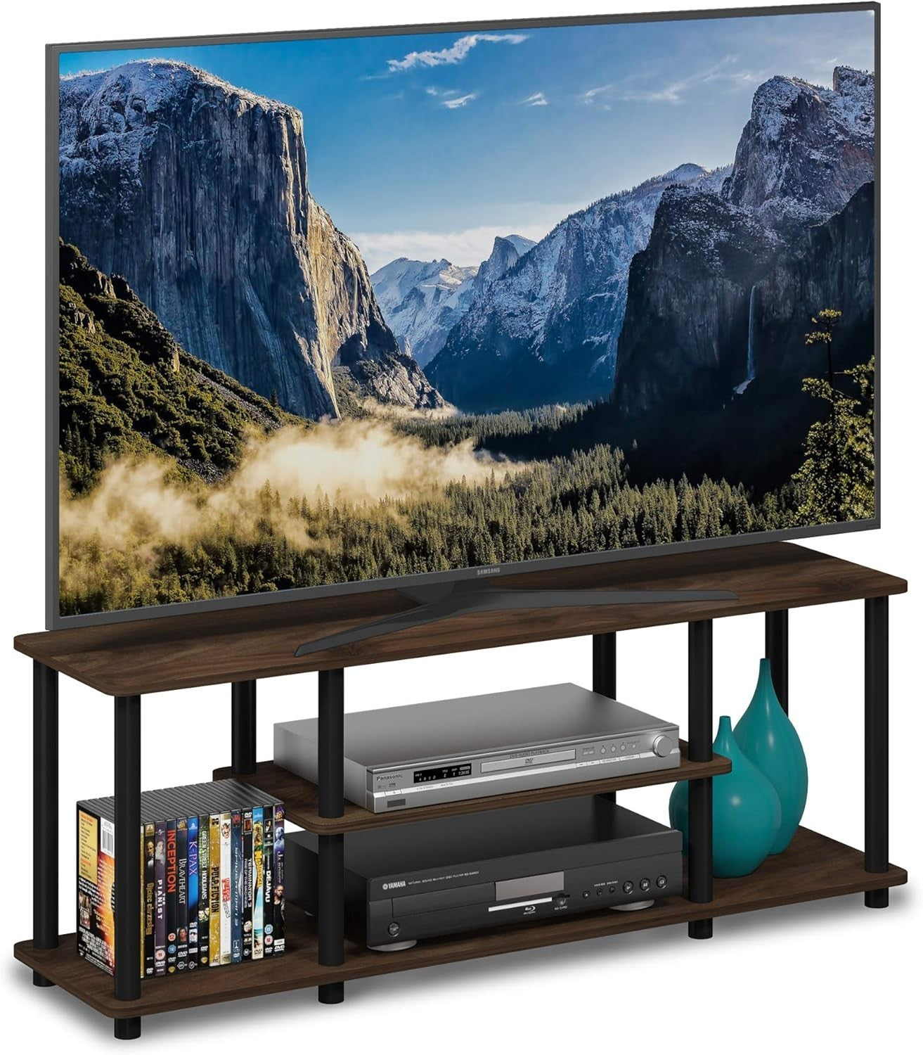3 Tier TV Stand Walnut Black for 50" Screens | Tool-Free Assembly Unit